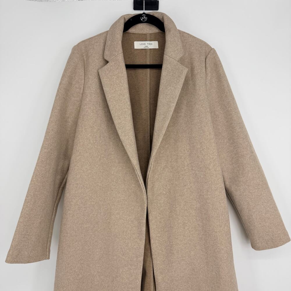 Love Tree Longline Tan Open Front Collared Long Sleeve Coat Womens Large - Picture 2 of 6